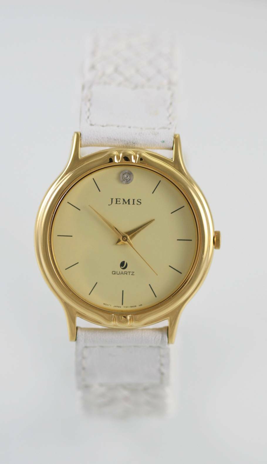 Jemis Beige Unisex Stainless Steel Gold White Leather Quartz Battery Watch