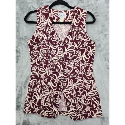 Vintage C'est Bon Top Womens S Red White Floral Sleeveless Longline Pearl Button