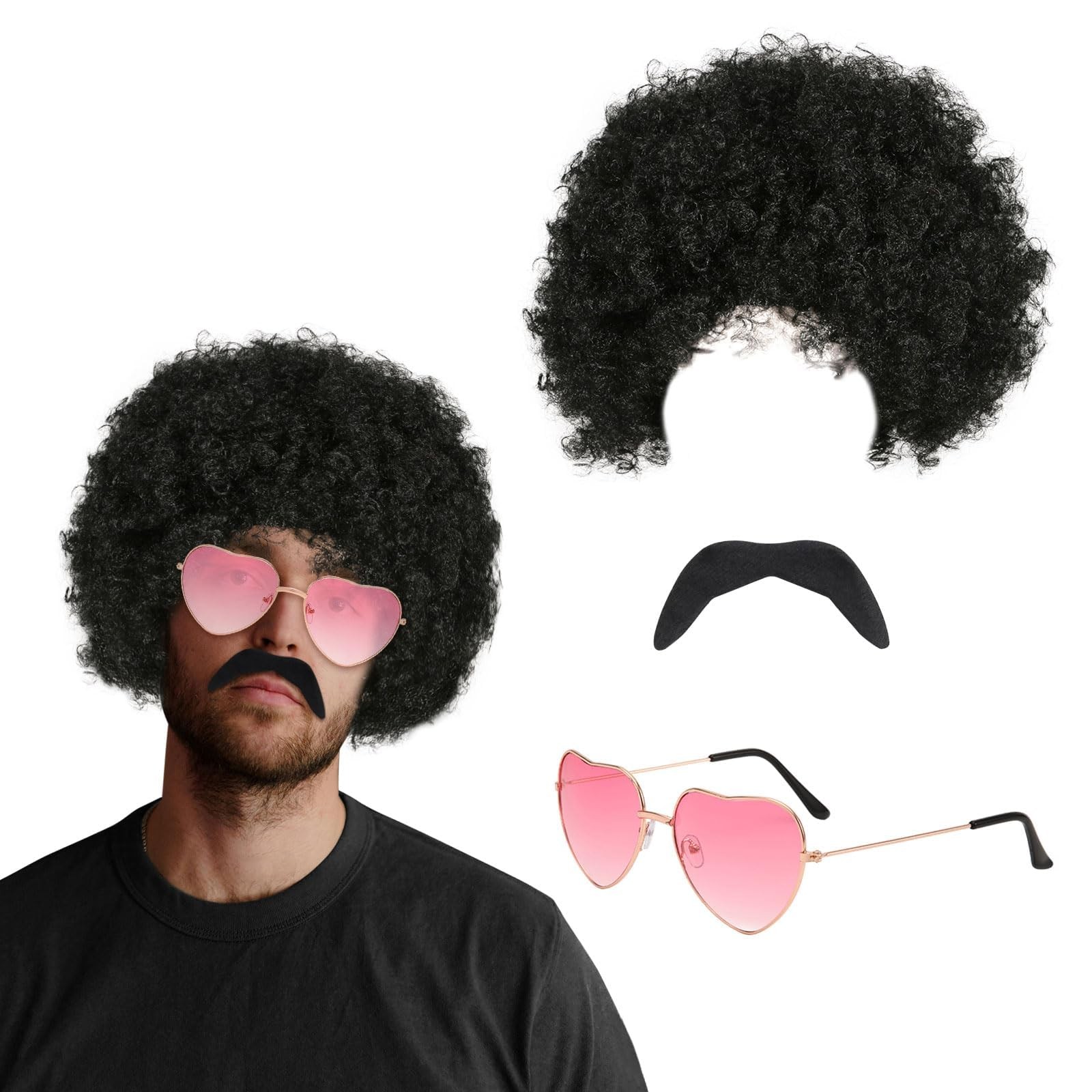Perruque Afro Funky set coiffure hippie rétro 70 pièces pour déguisement adulte
