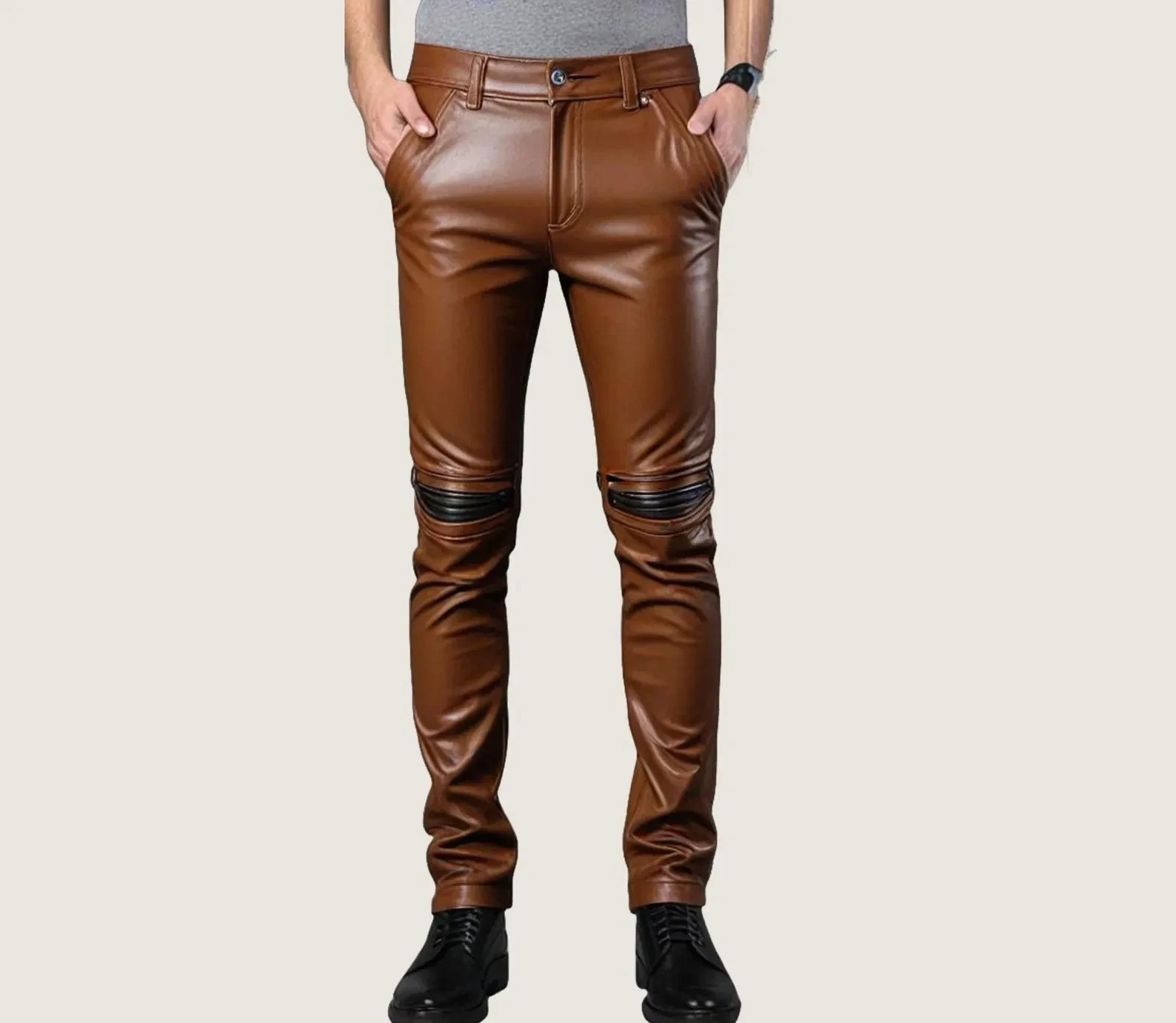 Handmade Brown Leather Biker Pants: Slim Fit, Custom Motorbike Style Pant