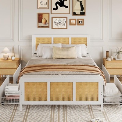 Full Size Bed Frame with Storage Drawers & LED Headboard,Boho Rattan Metal Slats