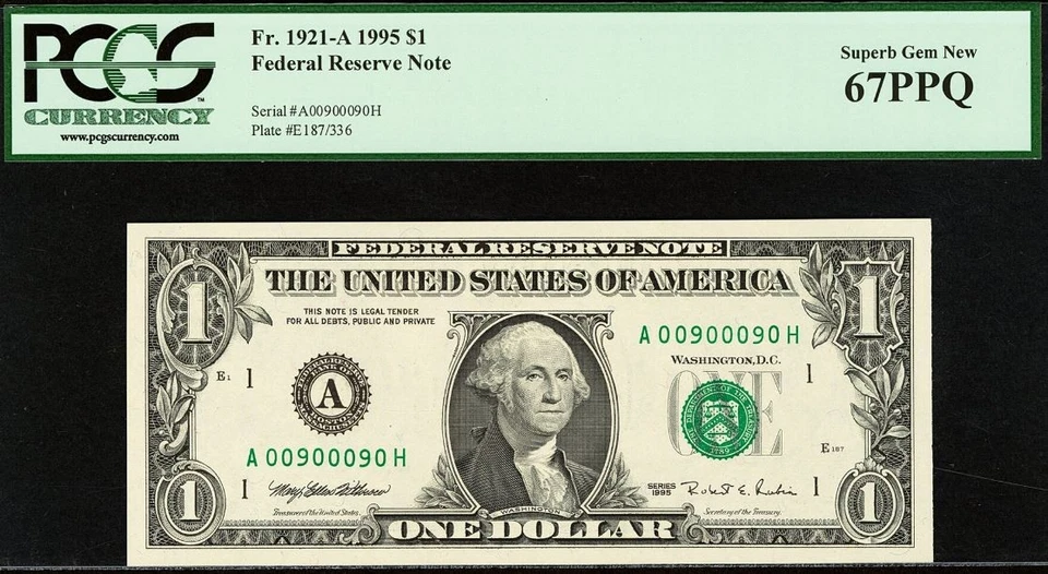 1995 $1 FRN PCGS 67PPQ & 62PPQ - Mirrored Fancy Serial Number 00900090-09000900 - Image 2 of 4