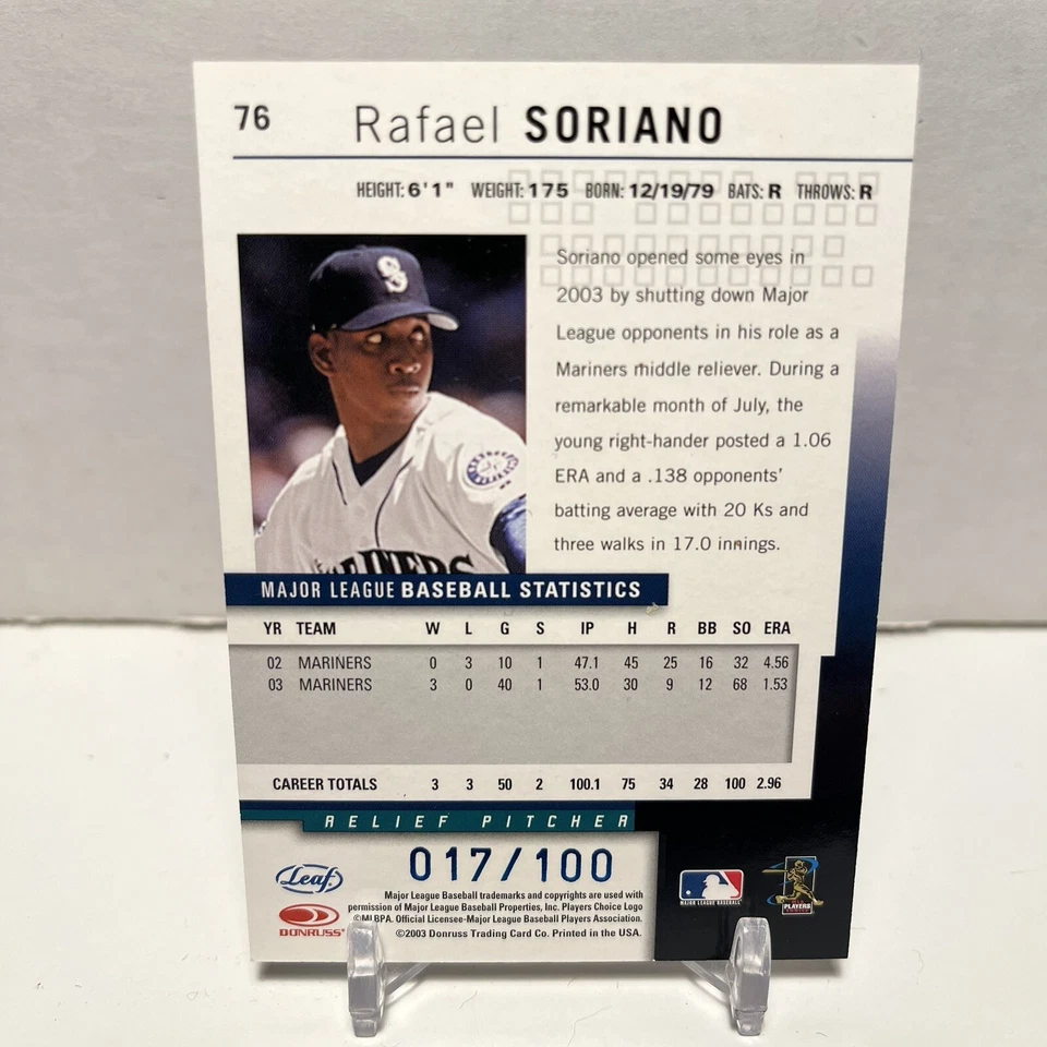 2004 Leaf Press Proofs Blue #76 Rafael Soriano /100 Seattle Mariners - Image 2 of 2
