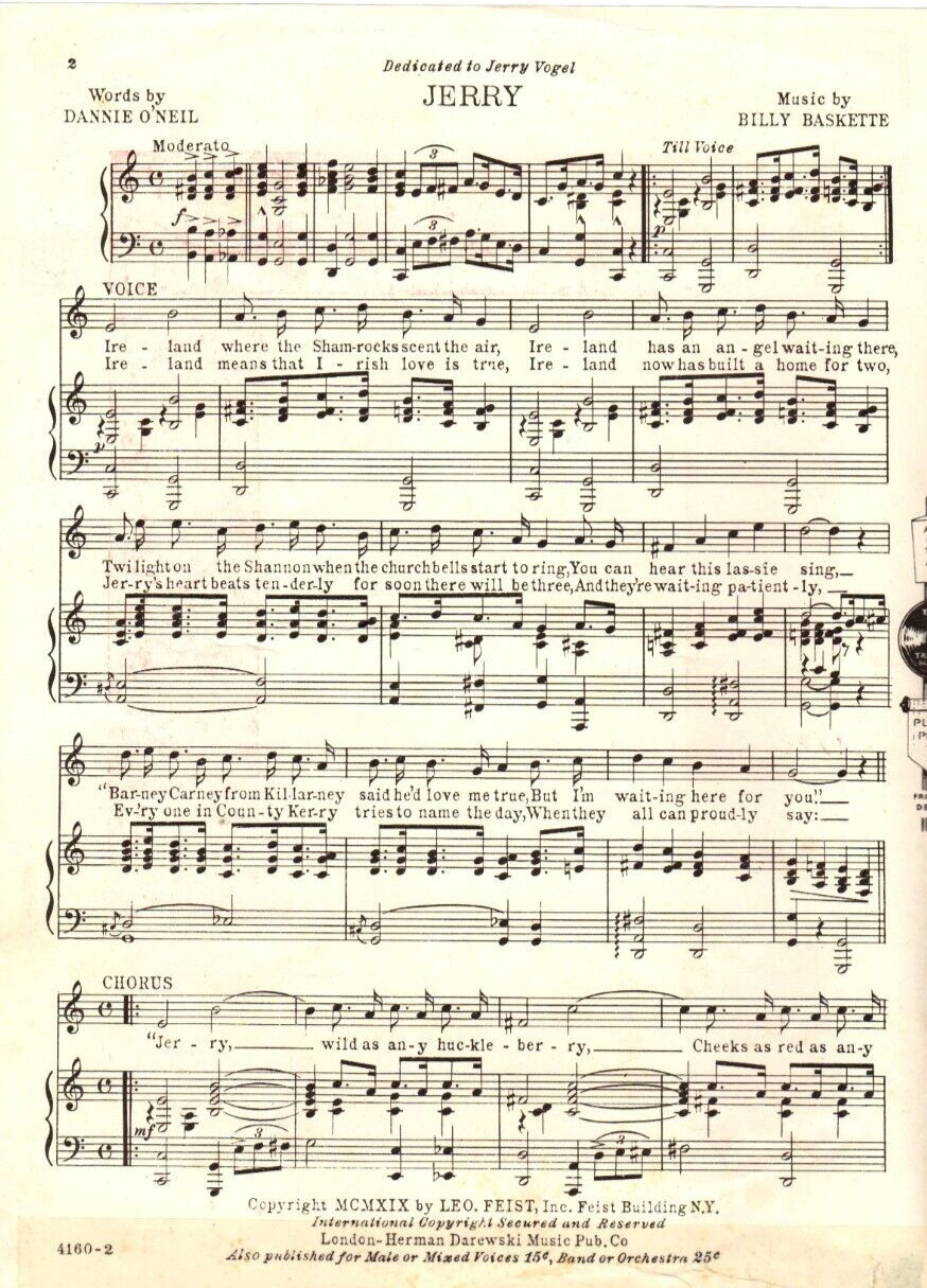 Jerry Neil JERRY Music Sheet-1919-O'NEIL/BASKETTE-RS Cover Art-WWI-Ireland ...