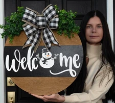 Christmas Front Door Decor Snowman Hanger Wood Sign Wreath Door Custom 22"