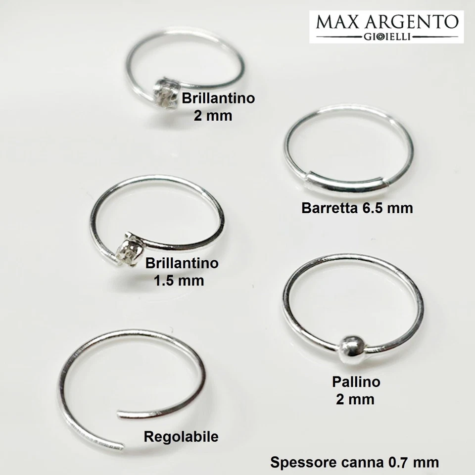 5 ORECCHINI PIERCING CERCHIO NASO ARGENTO 925‰ CARTILAGINE TRAGO 5 PZ ARGENTO - Immagine 2 di 2