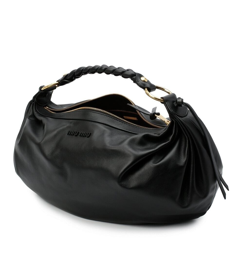 MIU MIU PRADA 5BC079 BLACK SOFT LEATHER BRAIDED STRAP LOGO MIU MIU PRADA 5BC079 BLACK SOFT LEATHER BRAIDED STRAP LOGO