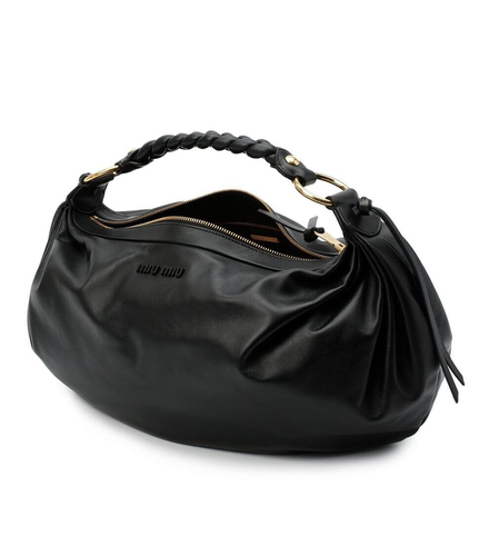MIU MIU PRADA 5BC079 BLACK SOFT LEATHER BRAIDED STRAP LOGO HOBO SHOULDER BAG