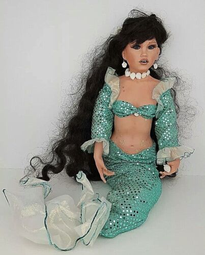 Custom Hand Decorated Sequin Mermaid Porcelain Doll Movable Joints Signed - Picture 1 of 11
