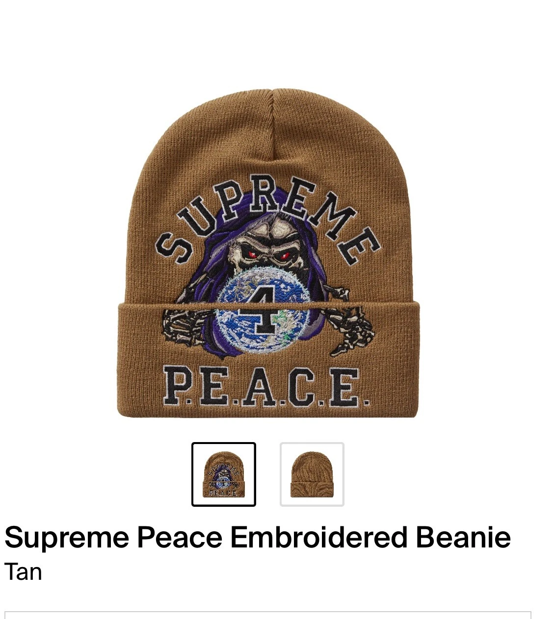 BONNET BRODÉ SUPREME PEACE TAN OS (FW23 SEMAINE 11) (AUTHENTIQUE) NEUF