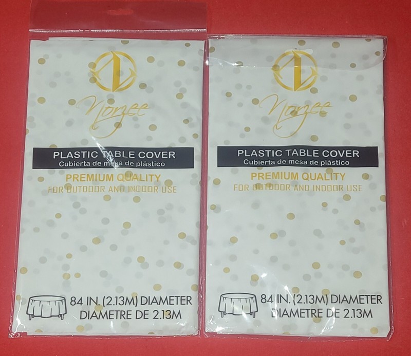 🌟 (2) Norzee Plastic Table Cover Reusable Round 84 Inch White Gold Poka Dot 