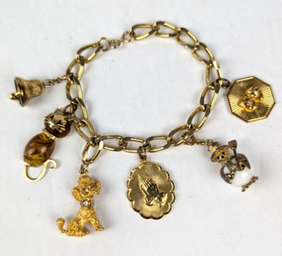 VINTAGE HOUSE OF BORVANI HOBCO CHUNKY 6 CHARM GOLD TONE BRACELET 1965 SIGNED