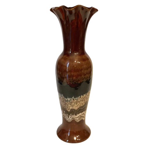 BROWN DRIP GLAZE POTTERY VASE 10" RUFFLE TOP - Picture 13 of 13
