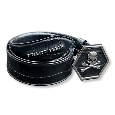 Philipp Plein Icon Skull Belt Silver Black Buckle, Croc Embossed  Leather