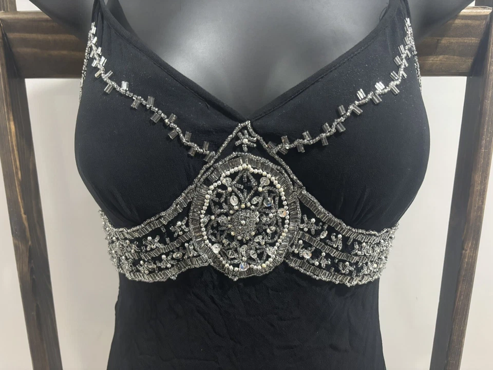 Vestido sin Mangas Vintage Venus Años 90 2000 Y2K Seda Floral Cuentas Negro Formal Baile de graduación Foto 4 de 4