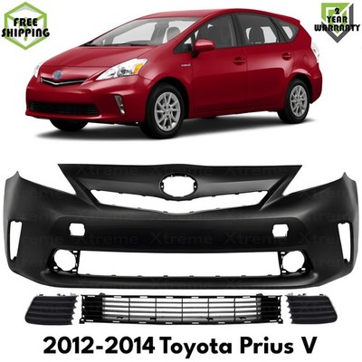 Front Bumper Cover Primed Plastic & Grille Trims For 2012-2014 Toyota Prius V