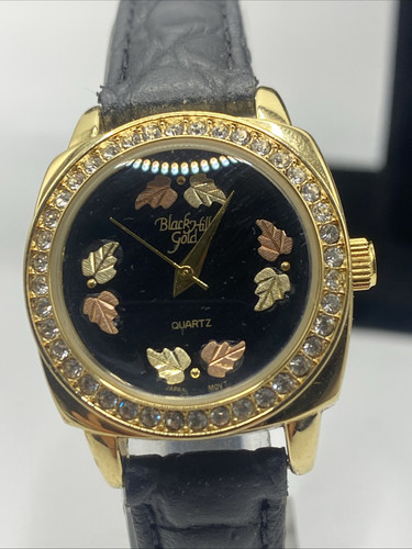 Black Hills Gold Unique 12k gold leaves rhinestones dial Blk leather Band Watch