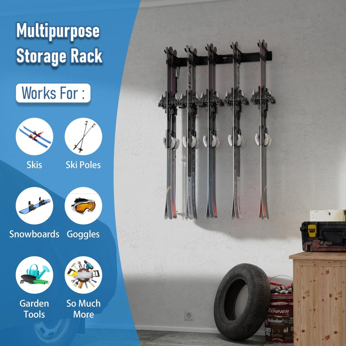 Ultrawall Wall Mount Ski Rack – Holds 8 Pairs Of Skis, 3mm Steel, Rust-Proof, Extra Hooks For Boots & Poles, Fits 16" Studs