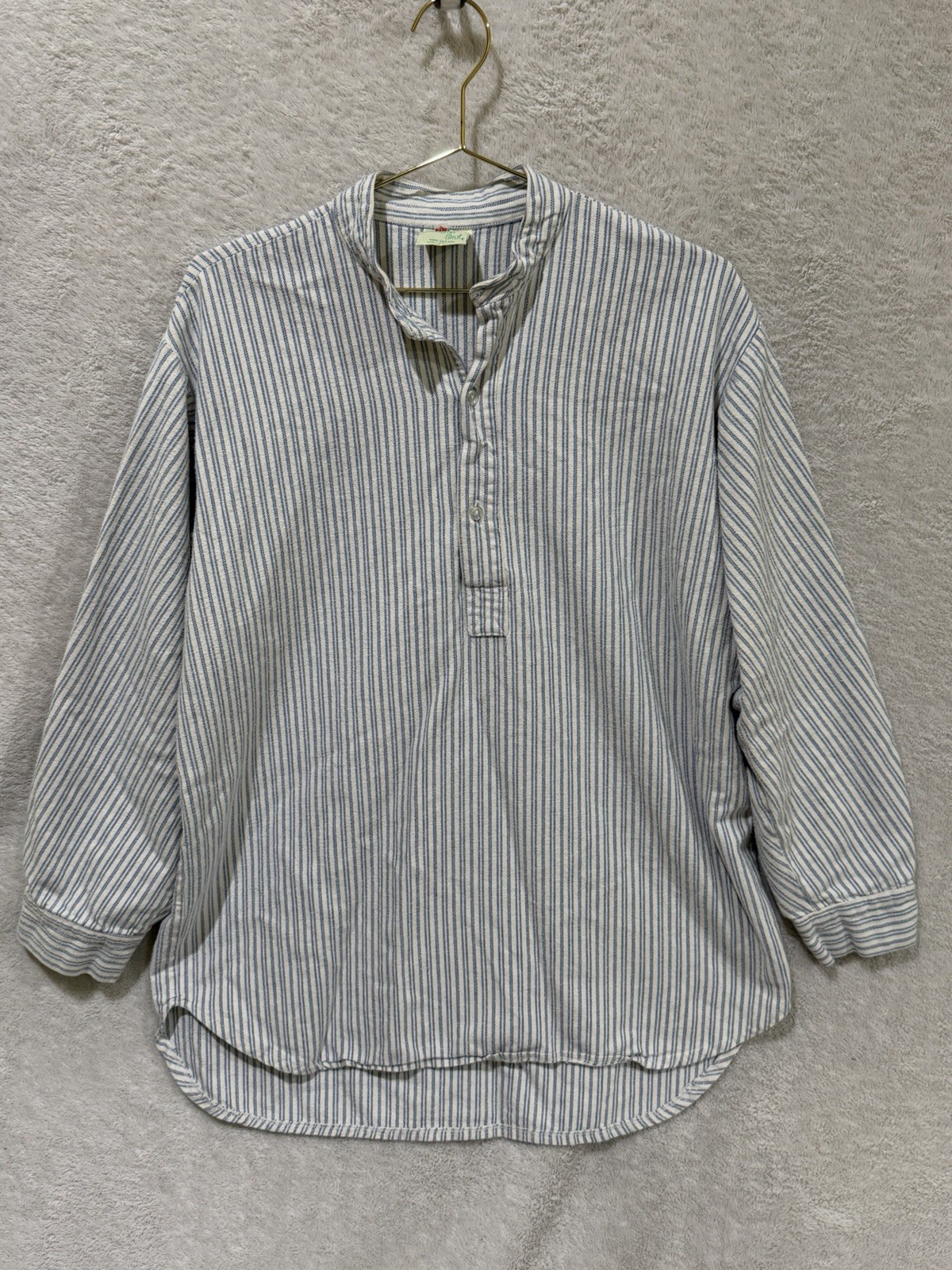 My Grandfather Shirt Men XL Blue White Stripe Cotton Flannel Ireland Popover