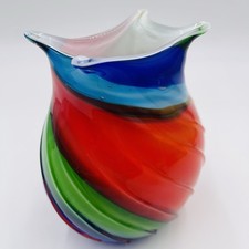 Vintage Murano Hand Blown Glass Canne Swirl Vase Multi Colored 7  Colorful
