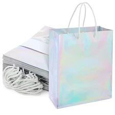 24 Pack Silver Holographic Gift Bags with Handles (10 x 8 x 4.25 In)