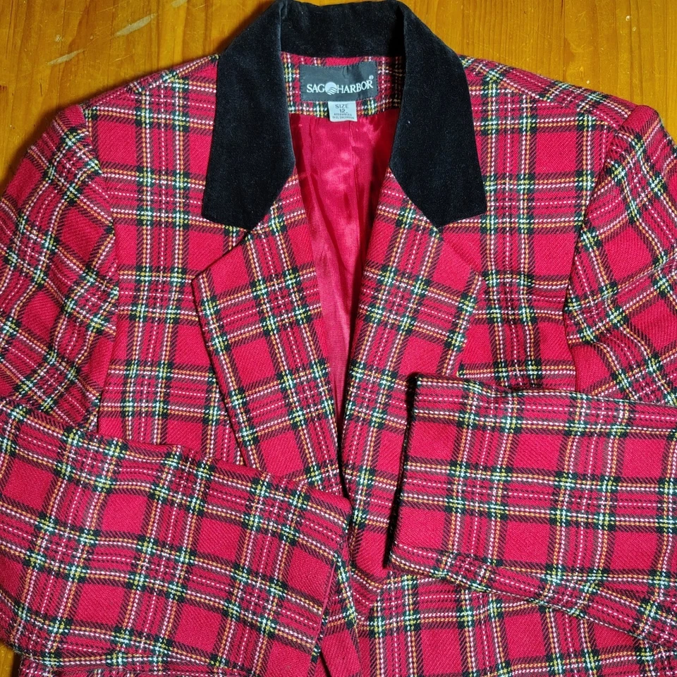 Conjunto de traje falda blazer vintage Sag Harbor rojo cuello terciopelo a cuadros talla 12 Foto 2 de 4