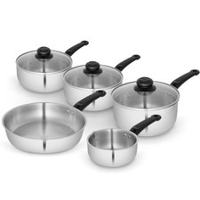 Image of Swan Cookware Set Townhouse Saucepan Frying Pan Glass Lid Stainless Steel 5Pcs