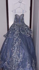 Blue Silver Lace Tulle Ball Gown Dress with Beading and Rhinestone Appliqu 