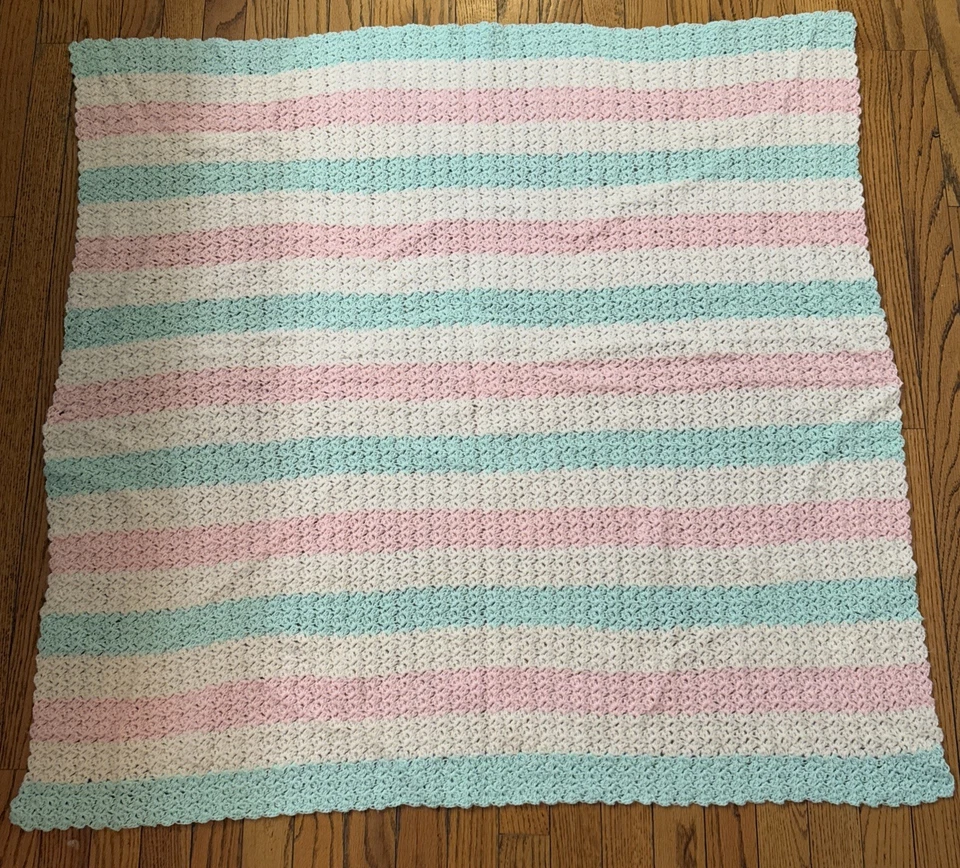 Crochet/Knit Baby BlanketAFGHAN Striped 42” x 40.5”Pastel Pink White And Green - Image 2 of 4