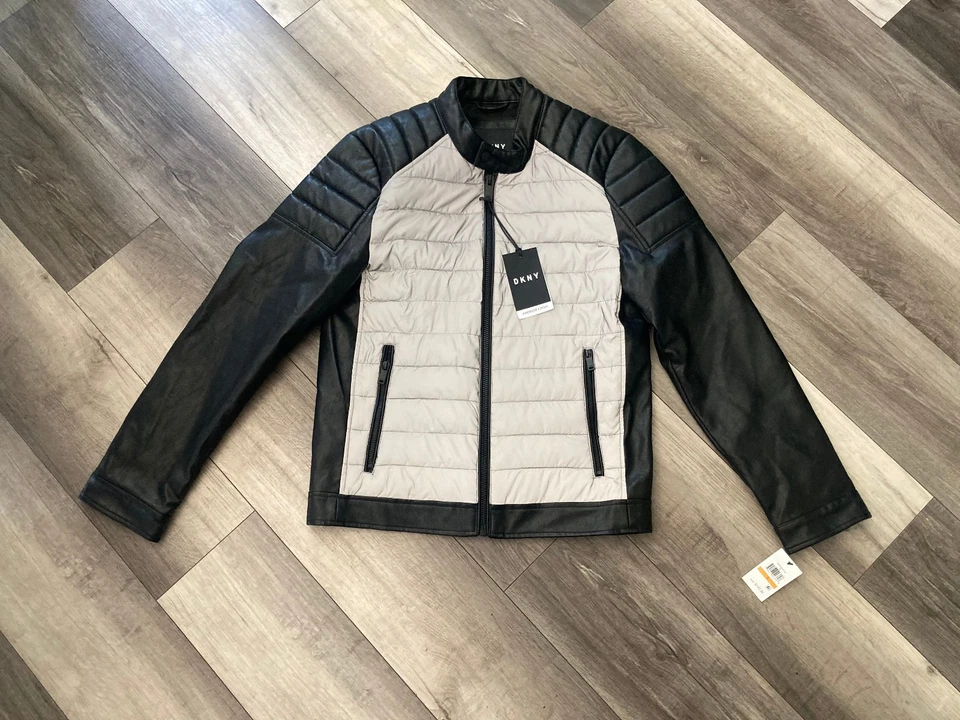 NUEVO CON ETIQUETAS DKNY Motociclista Motocicleta Hombre Negro con Gris Claro Cremallera Chaqueta Talla Pequeña Foto 3 de 4