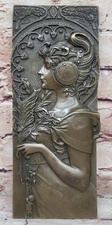Original Hand Crafted Large Bas Relief Plaque Woman Face Bronze Sculpture Figure