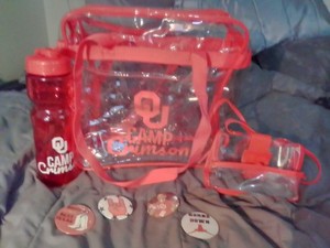 University of Oklahoma Stadium Approved Lot of Clear Bags, H2O Bottle OU Pins
