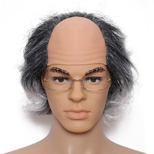 Synthetic Gray Curly Bald Cap Wig for Men Mad Scientist Old Man Costume