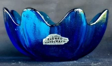 Blenko Blue Art Glass Glass Lotus Bowl with Original Label Attached 5-5/8"w MCM