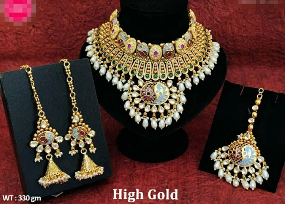 Juego de joyas collar de boda esmaltado nupcial indio estilo Bollywood chapado en oro Foto 4 de 4