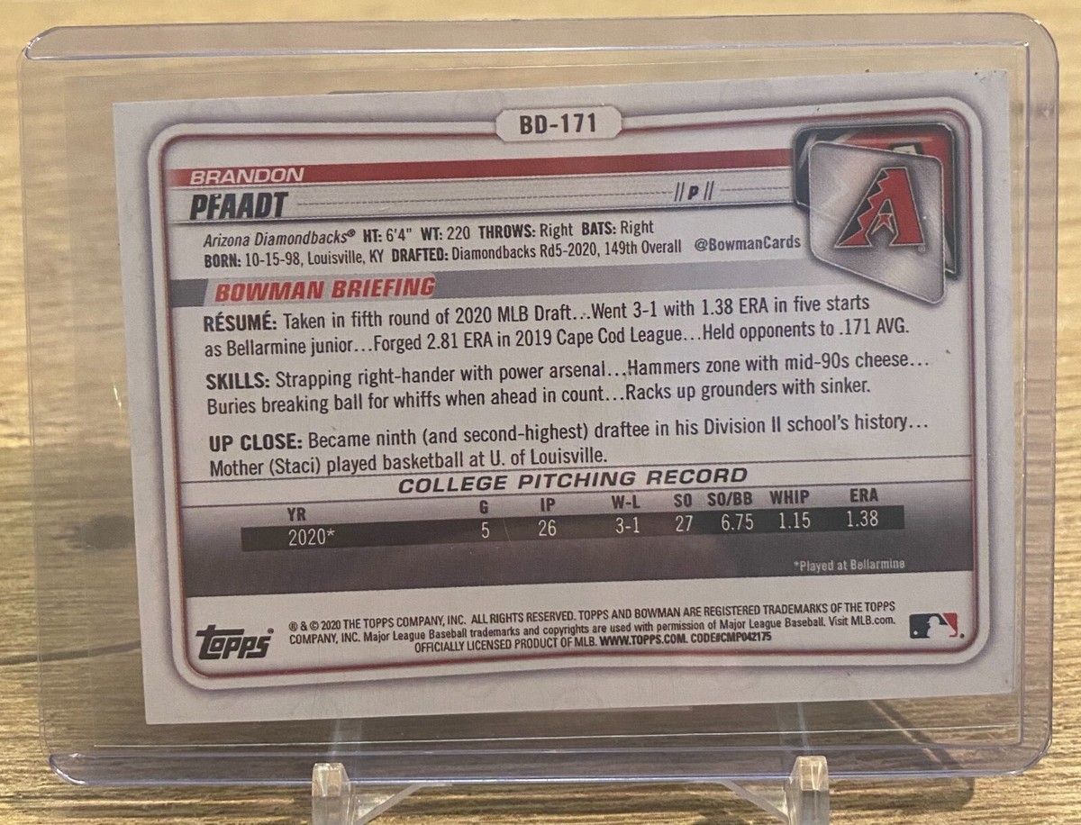 2020 Bowman Brandon Pfaadt RC Rookie First Blue Parallel #'d /499