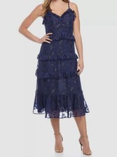 $195 Michael BY Michael Kors Women's Blue Ruffled V-Neck A-Line Dress Size Large