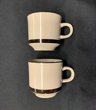 Lot of 2 VTG Freezer to Oven Stoneware Coffee Cup Japan Brown Tan Hand Decorated