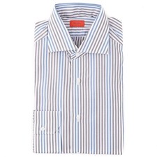 Isaia Tailored-Fit 'Mix' Blue-Gray Stripe Cotton Dress Shirt 15.5 Eu 39 NWT