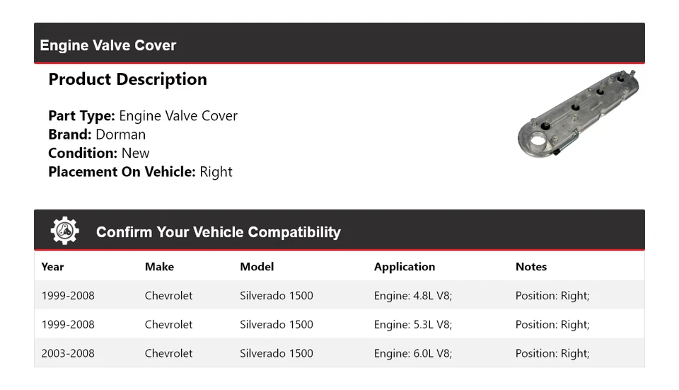 Cubierta de válvula de motor derecha para Chevrolet Silverado 1500 Dorman 1999-2008 2000 2001 Foto 2 de 4
