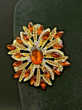 Vintage Inspired AB Rhinestone Flower Brooch Blue Gold Tone Sunburst Starburst