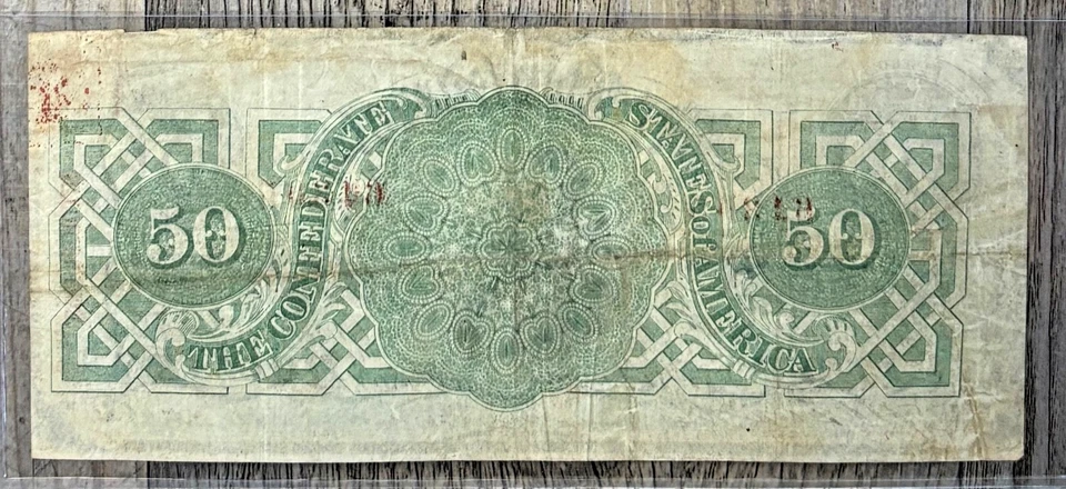 1863 $50 T 57 Confederate Paper Money, Red Tree of Life Stamp, Red Serial Number - Image 2 of 4