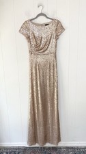 Adrianna Papell Gold Champagne Sequin Full Length Gown Size 4 Cap Sleeve Zipper