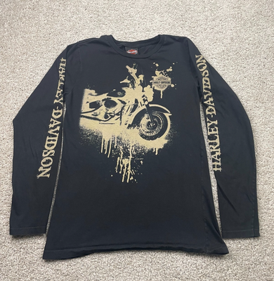 Harley-Davidson スタッズ　ロンT ダークグレー　y2k S Y2K Harley Davidson T-shirt Women Large Black Paint Splash Grunge