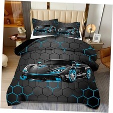 Race Car Twin Boy Bedding Set, Blue Sports Car Twin-3pcs Blue Honeycomb