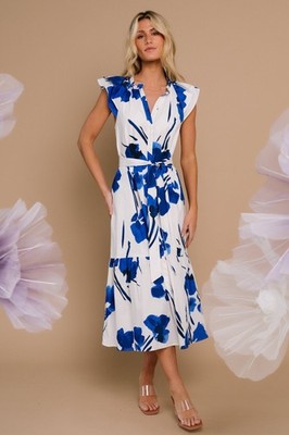 Baltic Born Women L Blakely Button Dress Midi White Blue Floral Defined Waist