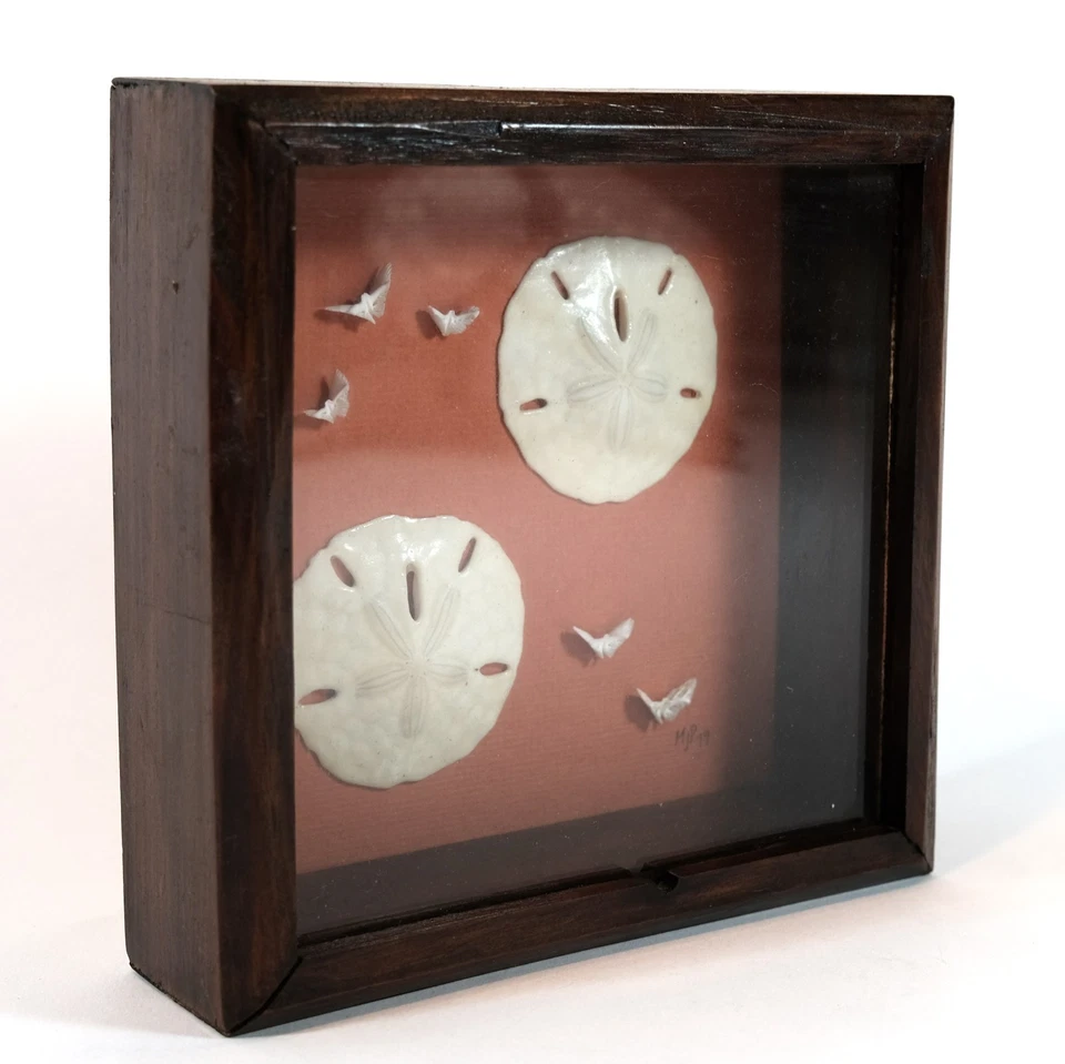 Caja de sombra de dólar de arena obra de arte náutico vintage 6" x 6" firmada "MJP 1979" Foto 2 de 4