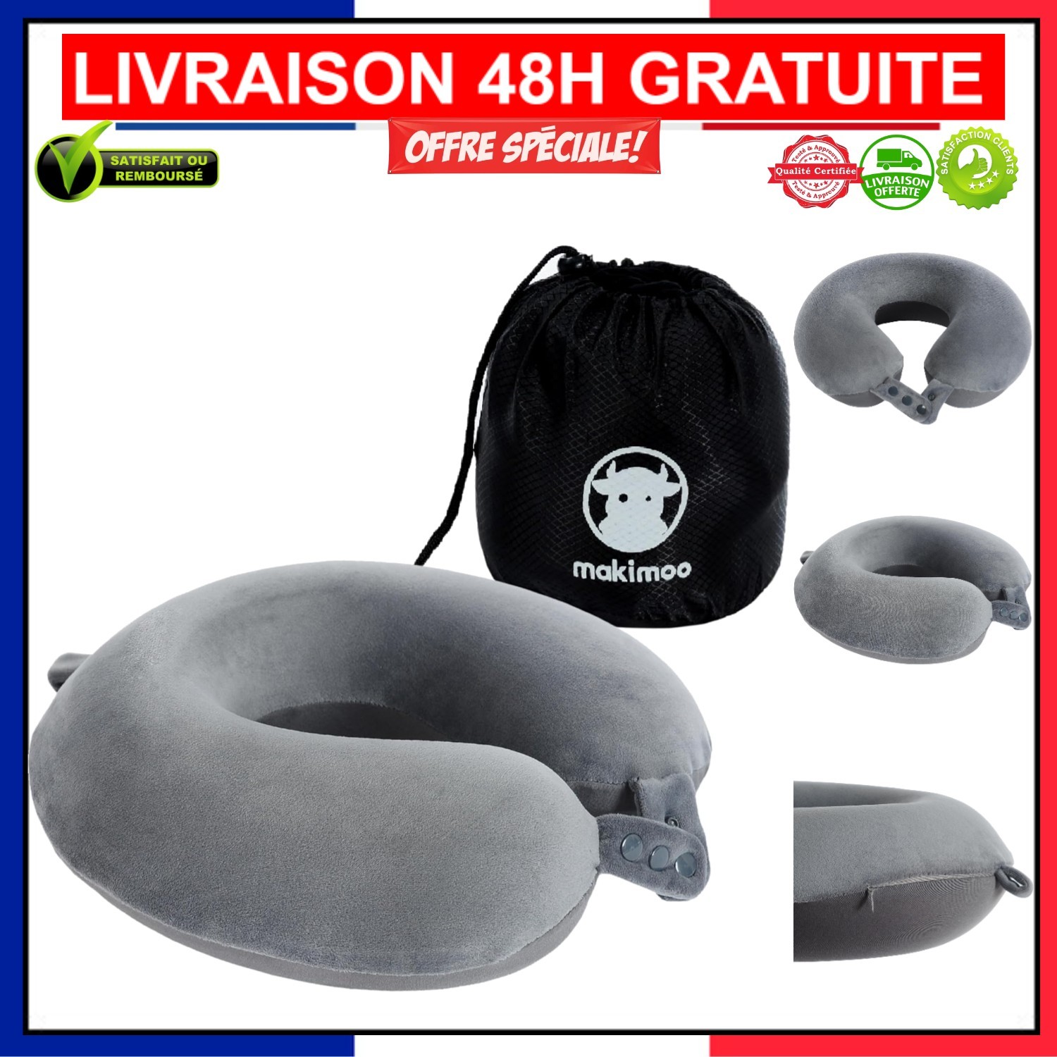 Coussin de voyage en mousse à mémoire gris anthracite avec sangle réglable