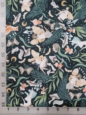 Rae Ritchie For Dear Stella Cotton Fabric Woodland Fairies, Mushroom On Dk Green