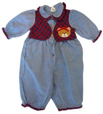 Vintage Teddy Bear Baby Romper 3-6M Chambray Plaid Applique Bubble Playsuit